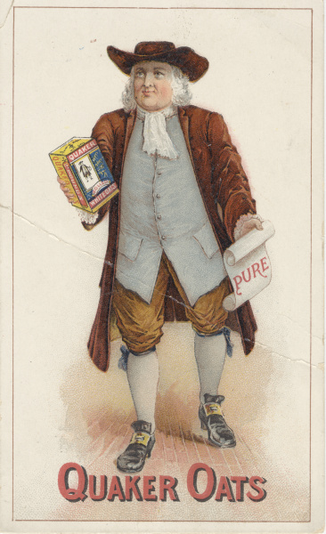 1900年的桂格燕麥廣告上的貴格會男子的畫像。左手拿著一張寫著「純」的紙。（圖／Wikimedia）